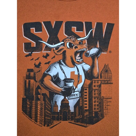 SXSW Longhorns Shirt Mens Large Longhornzilla South By Southwest ATX Orange - Picture 2 of 5